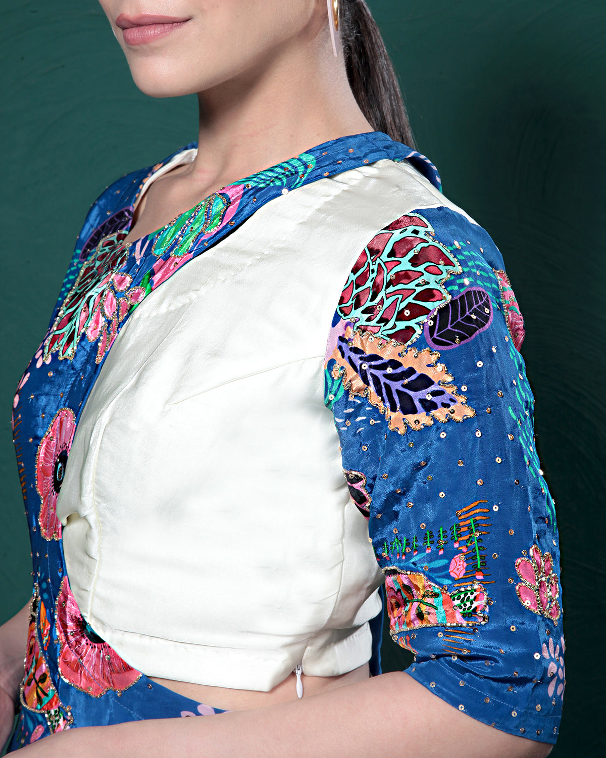 Ivory Blue Floral Draped Skirt Dress