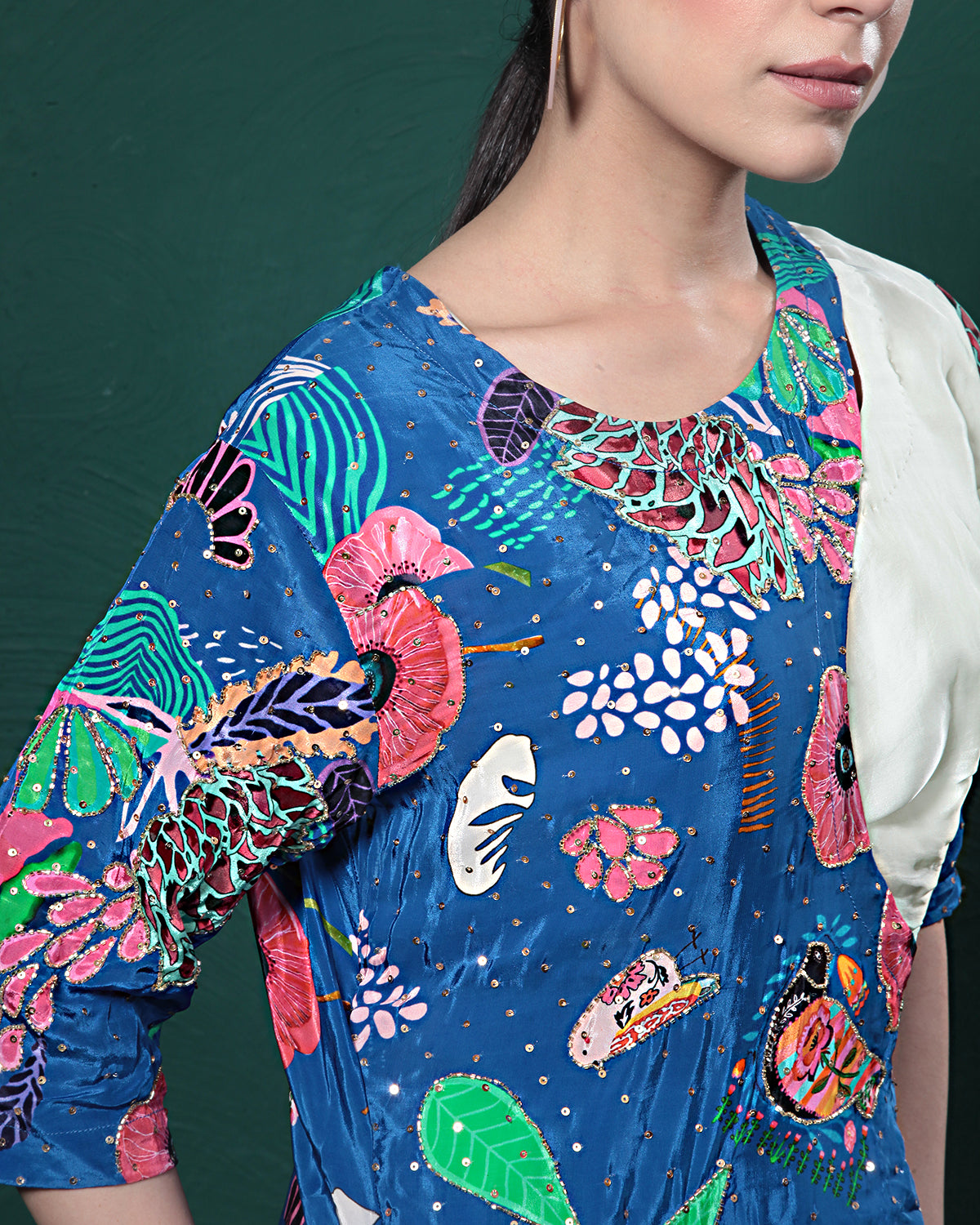 Ivory Blue Floral Draped Skirt Dress