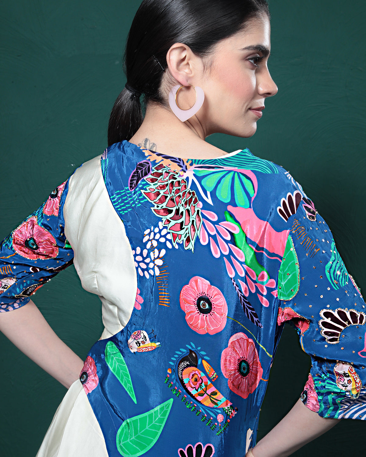 Ivory Blue Floral Draped Skirt Dress