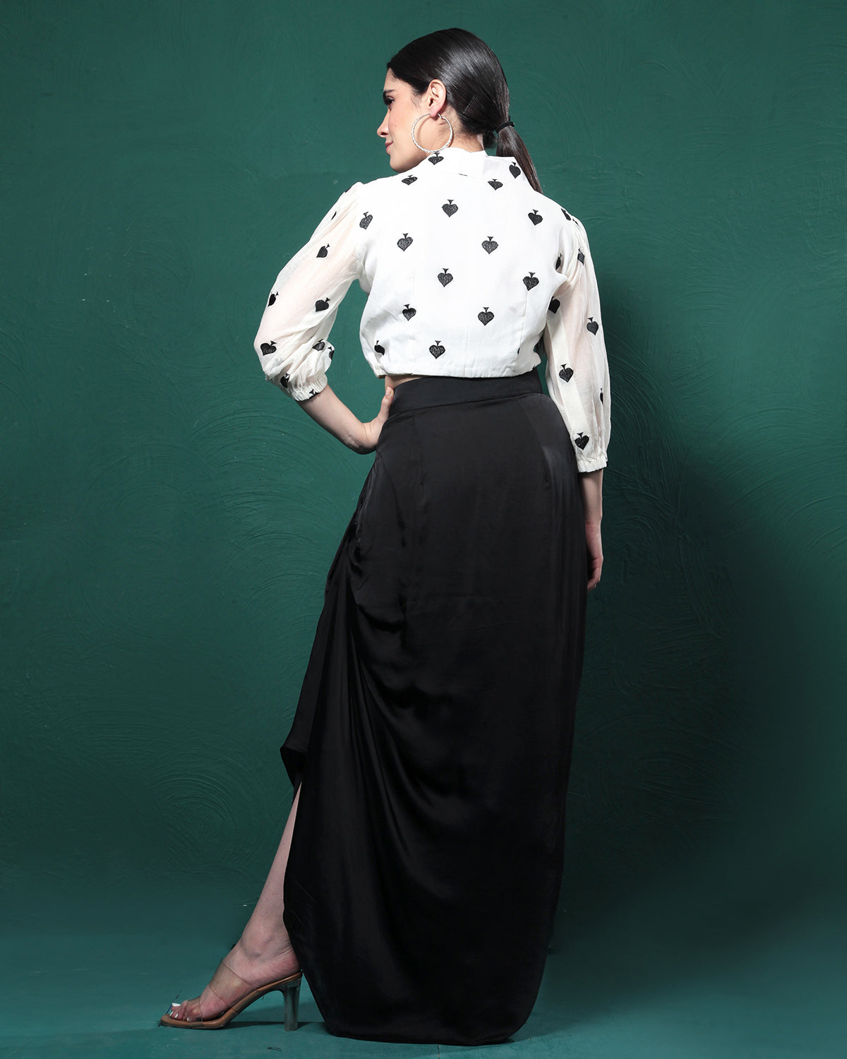 Black Printed Satin Silk Skirt Set