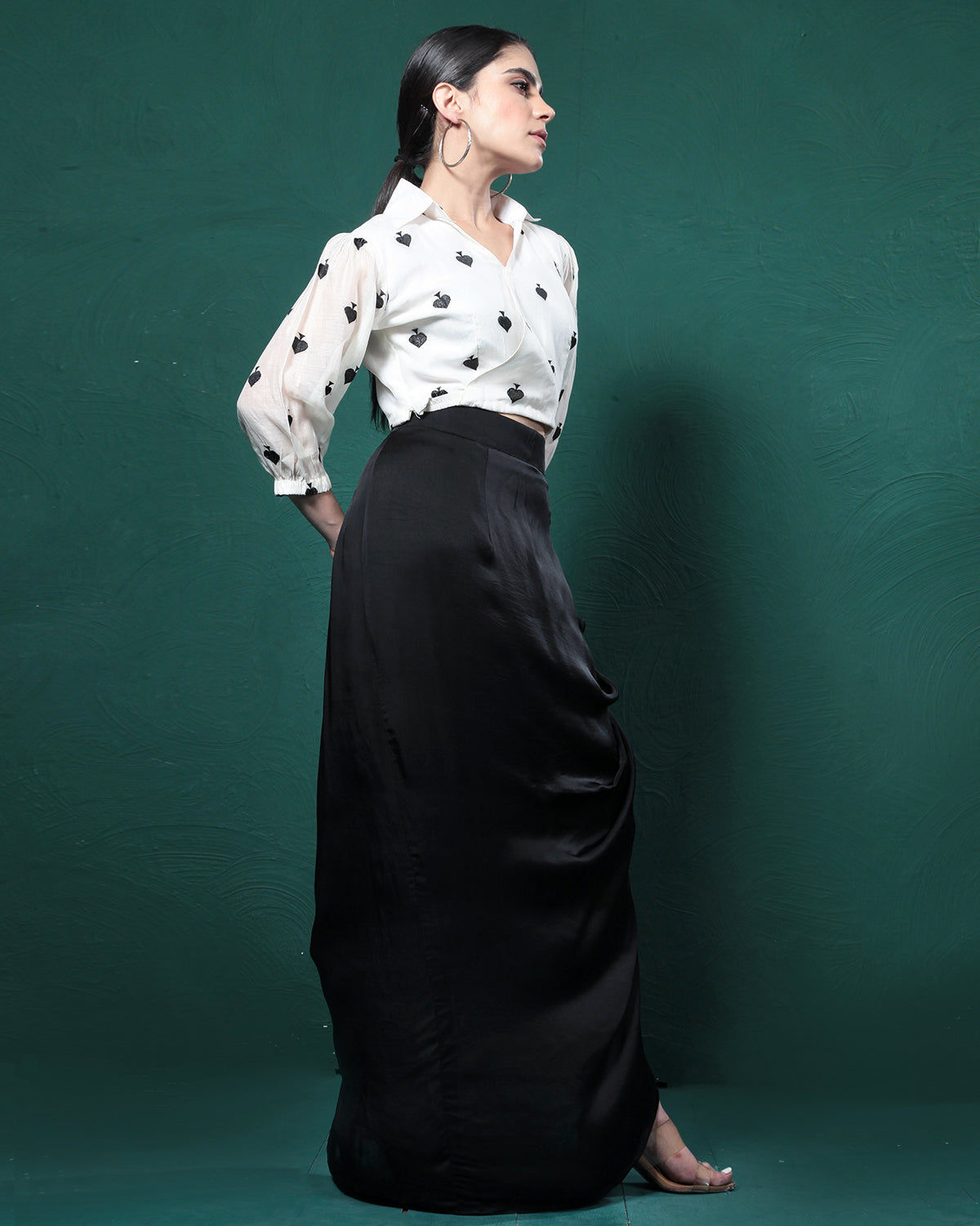 Black Printed Satin Silk Skirt Set