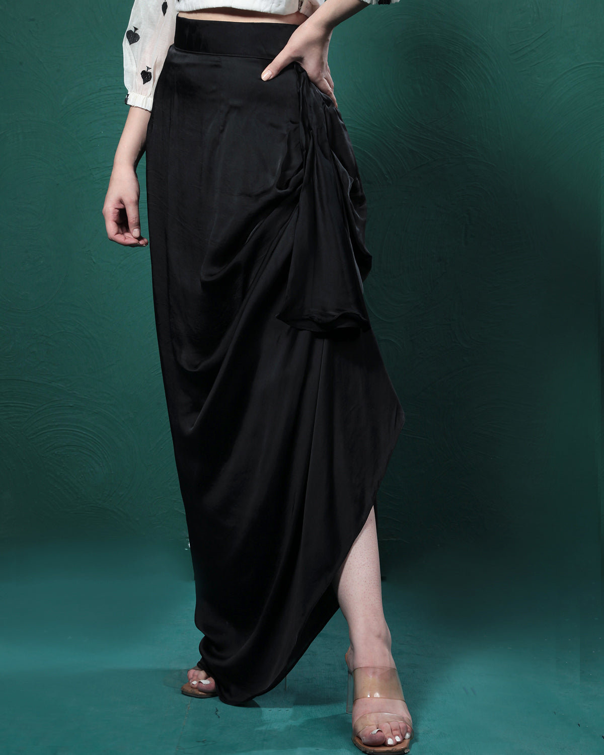 Black Printed Satin Silk Skirt Set