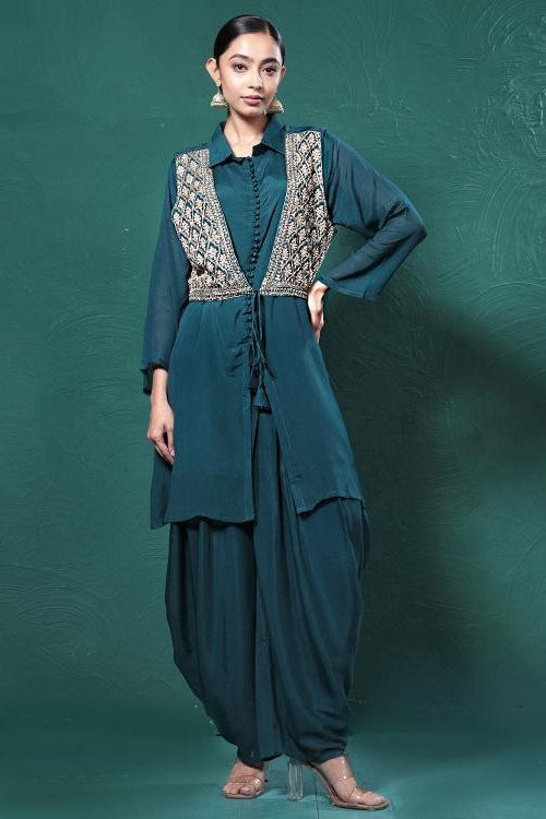Deep Green Embroidered Draped Jacket Kurta Set