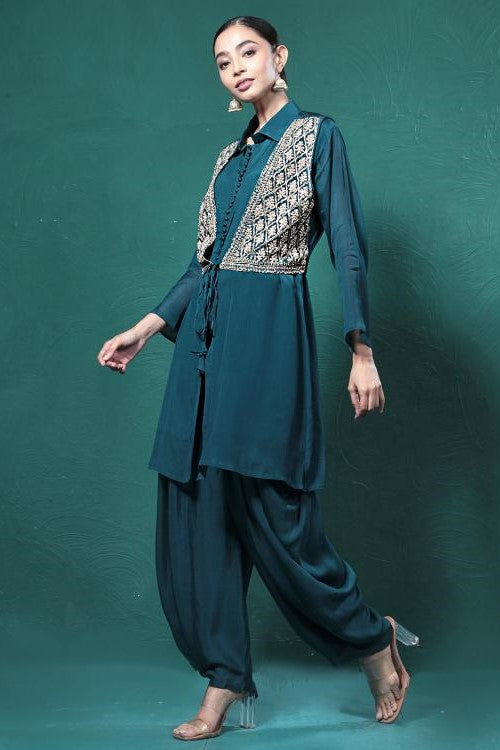 Deep Green Embroidered Draped Jacket Kurta Set