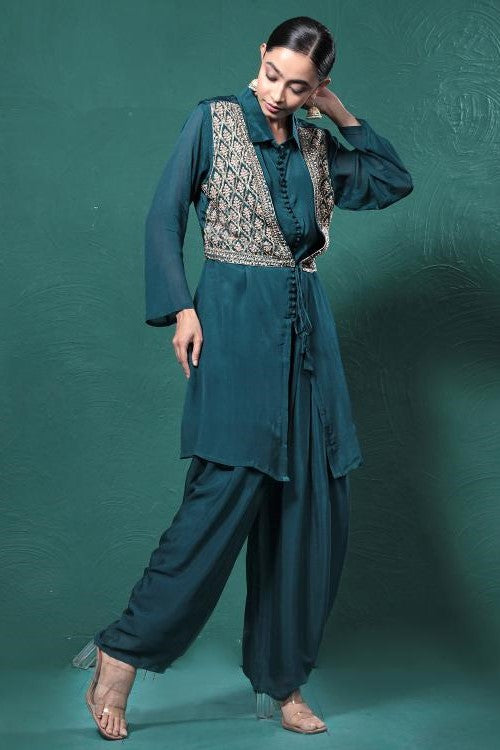 Deep Green Embroidered Draped Jacket Kurta Set