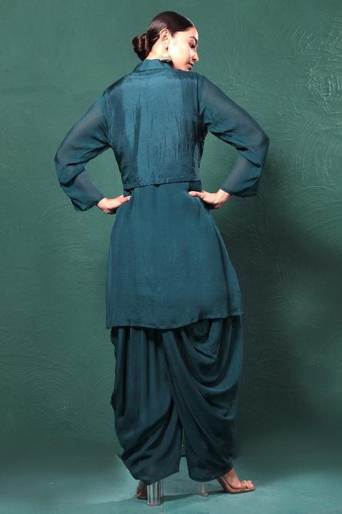 Deep Green Embroidered Draped Jacket Kurta Set