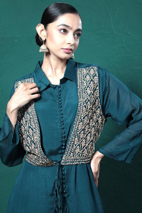 Deep Green Embroidered Draped Jacket Kurta Set