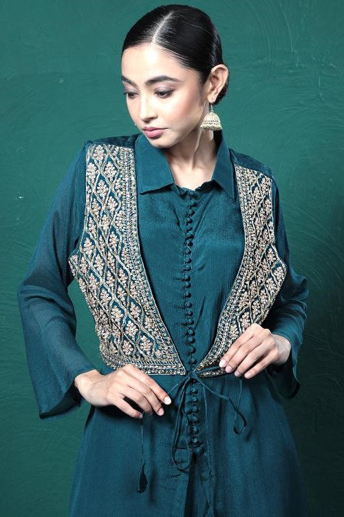Deep Green Embroidered Draped Jacket Kurta Set