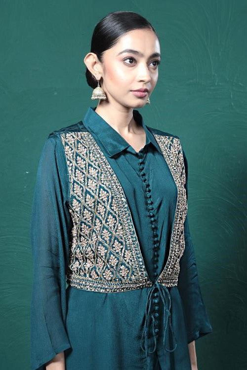 Deep Green Embroidered Draped Jacket Kurta Set