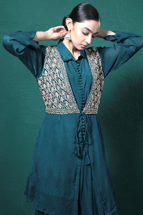 Deep Green Embroidered Draped Jacket Kurta Set