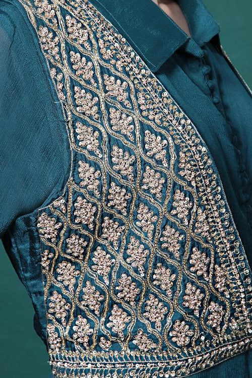 Deep Green Embroidered Draped Jacket Kurta Set