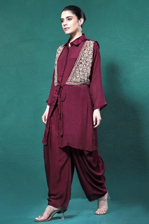 Maroon Embroidered Draped Jacket Kurta Set