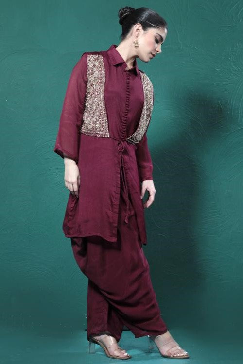 Maroon Embroidered Draped Jacket Kurta Set