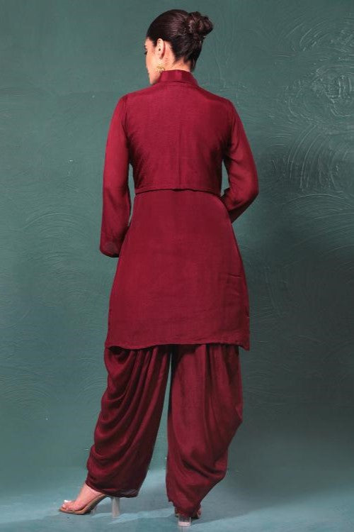 Maroon Embroidered Draped Jacket Kurta Set