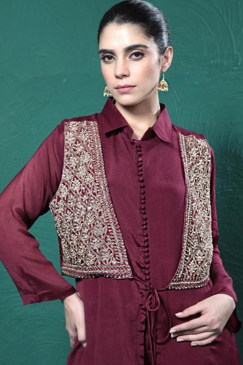 Maroon Embroidered Draped Jacket Kurta Set