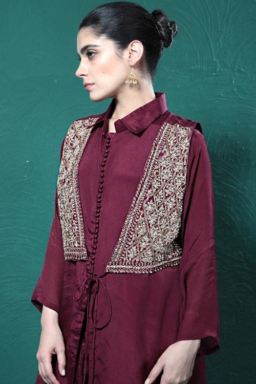Maroon Embroidered Draped Jacket Kurta Set