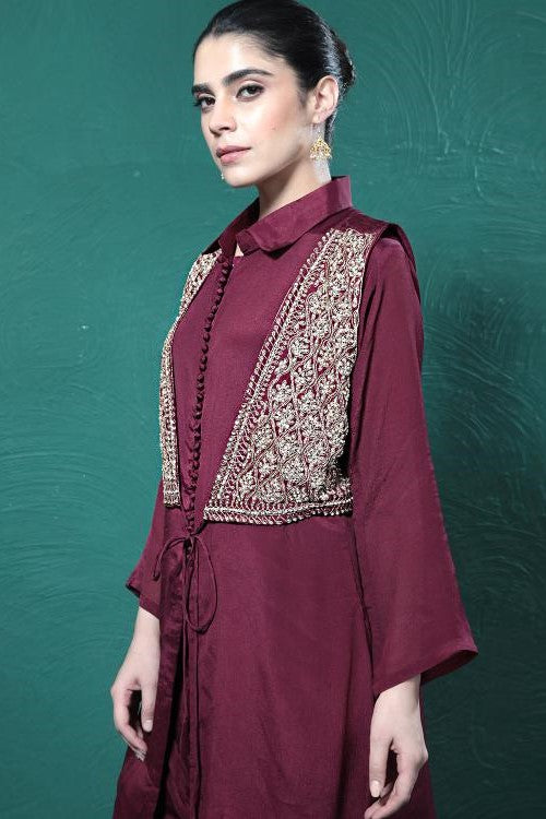 Maroon Embroidered Draped Jacket Kurta Set