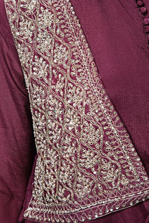 Maroon Embroidered Draped Jacket Kurta Set