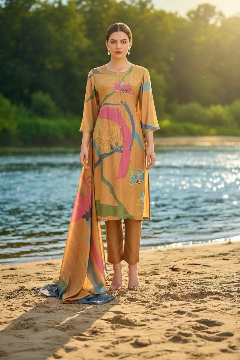 Mustard Yellow & Abstract Art Muslin Silk Pant Set