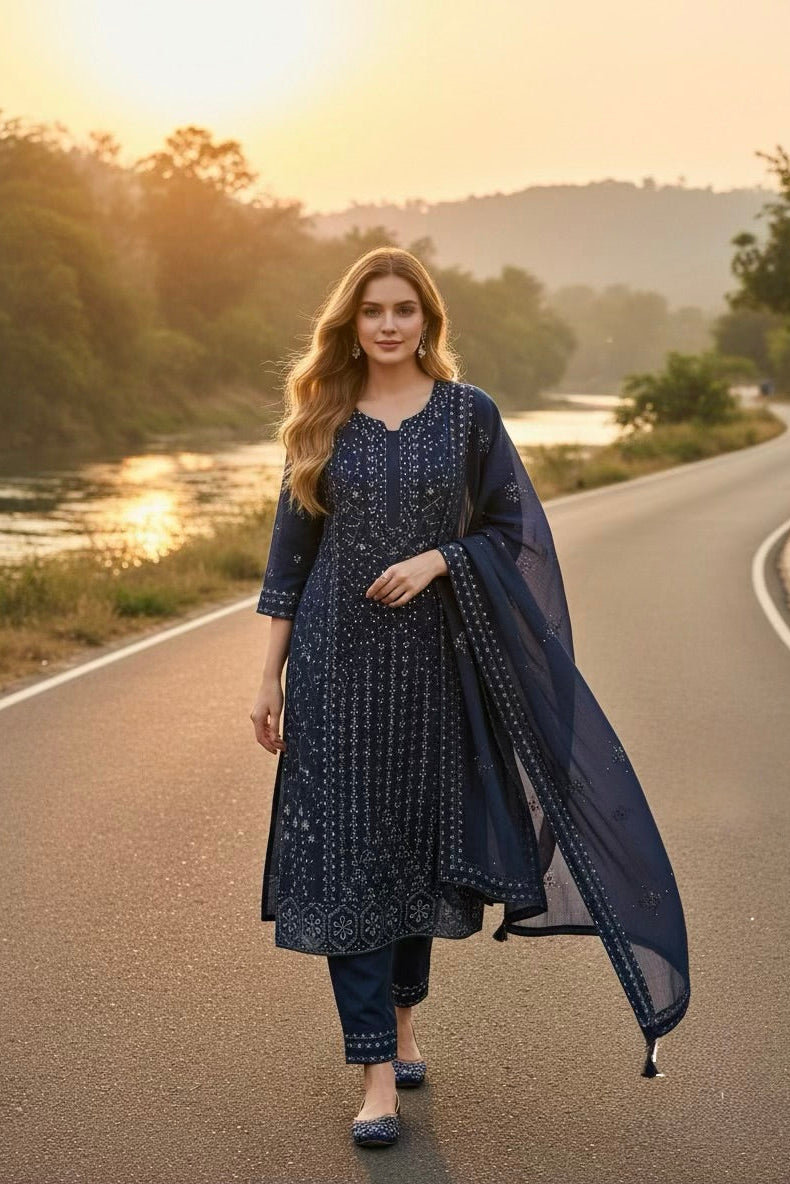 Navy Blue Embroidered Mul Chanderi Silk Pant Set