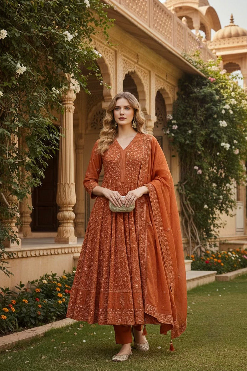 Rust Floral Embroidered Chanderi Silk Anarkali Set