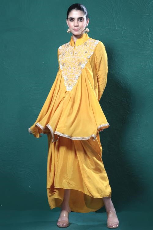 Yellow Embroidered Chinon Silk Tunic & Skirt Set