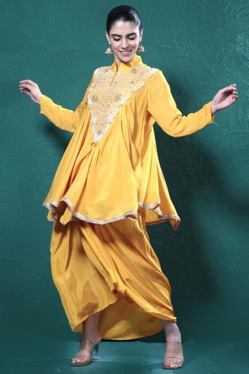 Yellow Embroidered Chinon Silk Tunic & Skirt Set