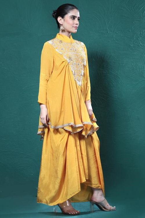 Yellow Embroidered Chinon Silk Tunic & Skirt Set