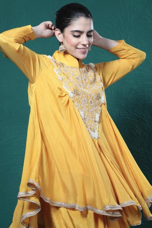 Yellow Embroidered Chinon Silk Tunic & Skirt Set