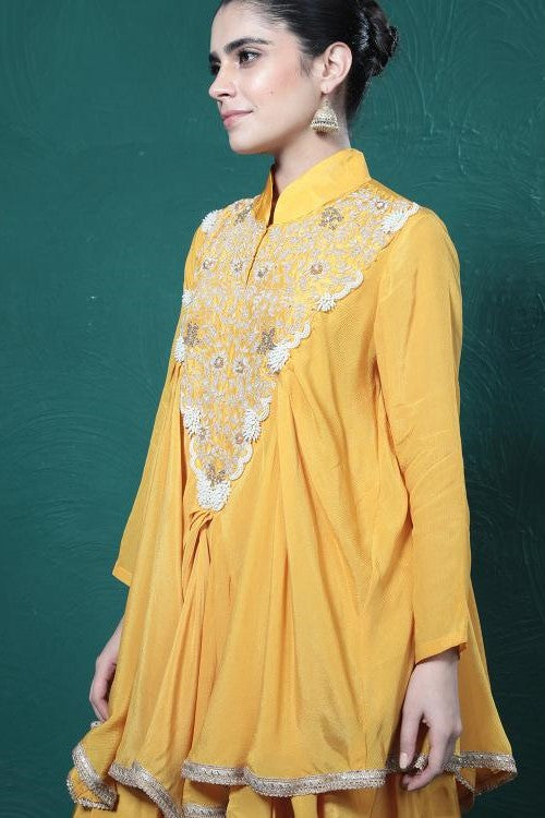 Yellow Embroidered Chinon Silk Tunic & Skirt Set