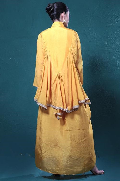 Yellow Embroidered Chinon Silk Tunic & Skirt Set