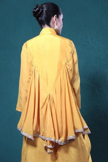 Yellow Embroidered Chinon Silk Tunic & Skirt Set