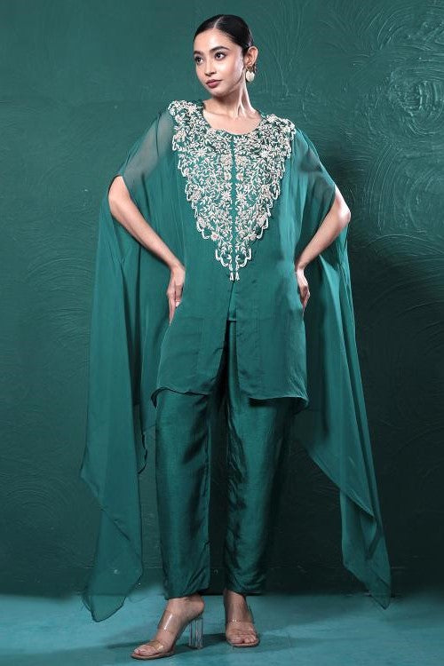 Deep Green Embroidered Cape Kurta Set