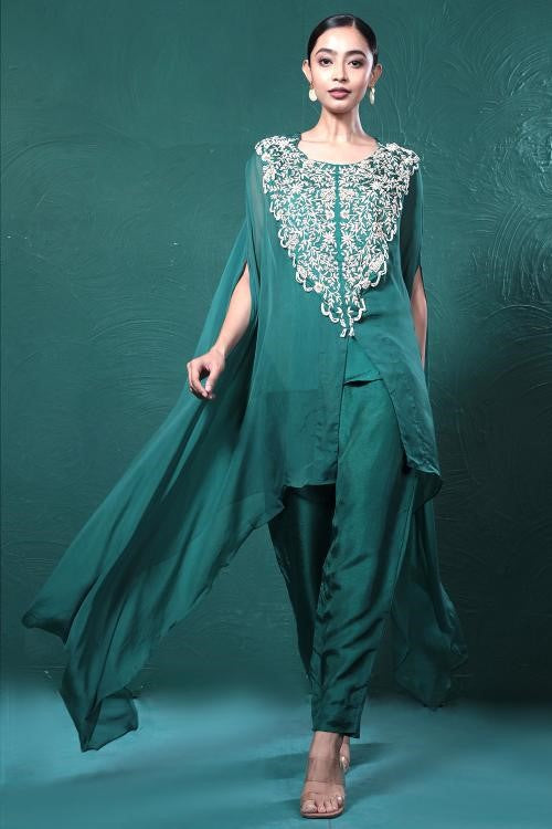 Deep Green Embroidered Cape Kurta Set
