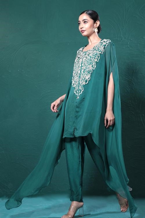 Deep Green Embroidered Cape Kurta Set