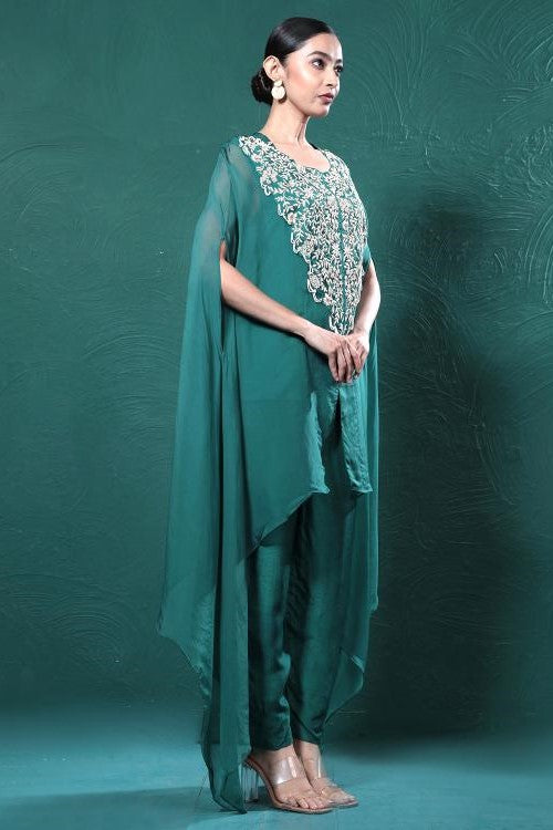 Deep Green Embroidered Cape Kurta Set