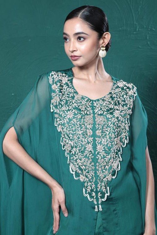 Deep Green Embroidered Cape Kurta Set