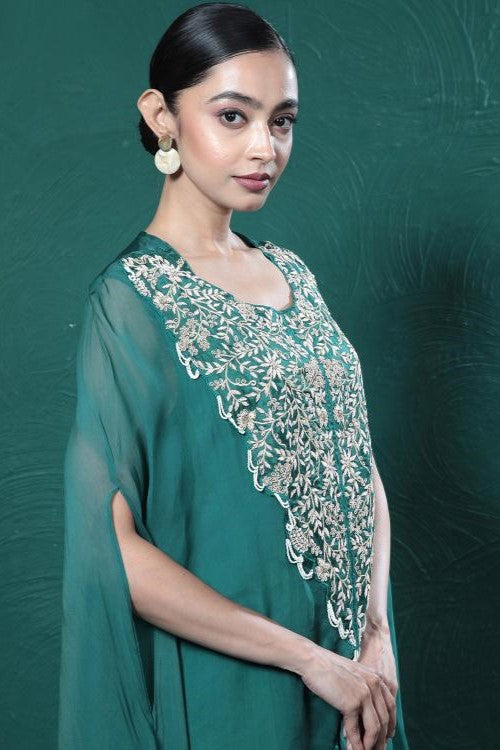 Deep Green Embroidered Cape Kurta Set
