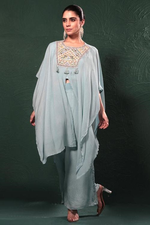 Sky Blue Embroidered Kaftan Set