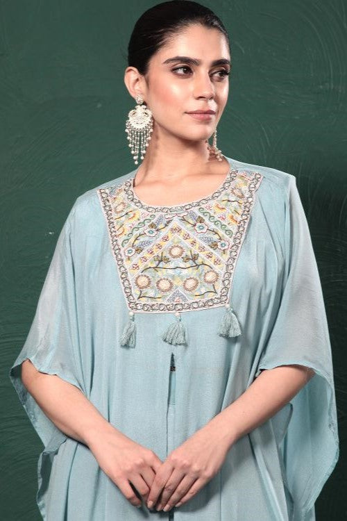 Sky Blue Embroidered Kaftan Set
