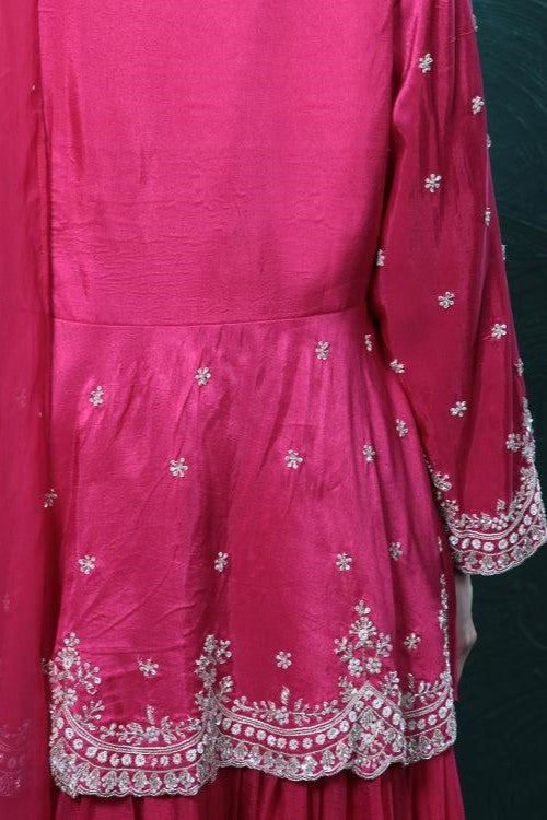 Fuchsia Pink Embroidered Peplum Kurta Skirt Set