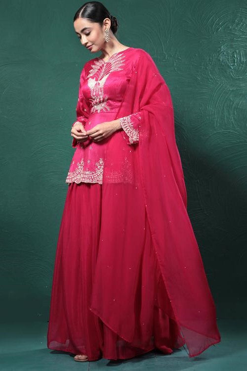 Fuchsia Pink Embroidered Peplum Kurta Skirt Set