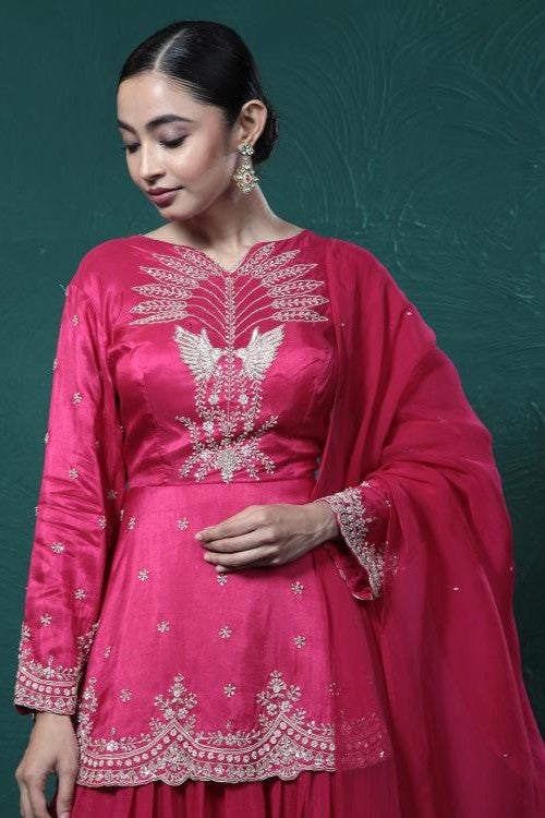 Fuchsia Pink Embroidered Peplum Kurta Skirt Set