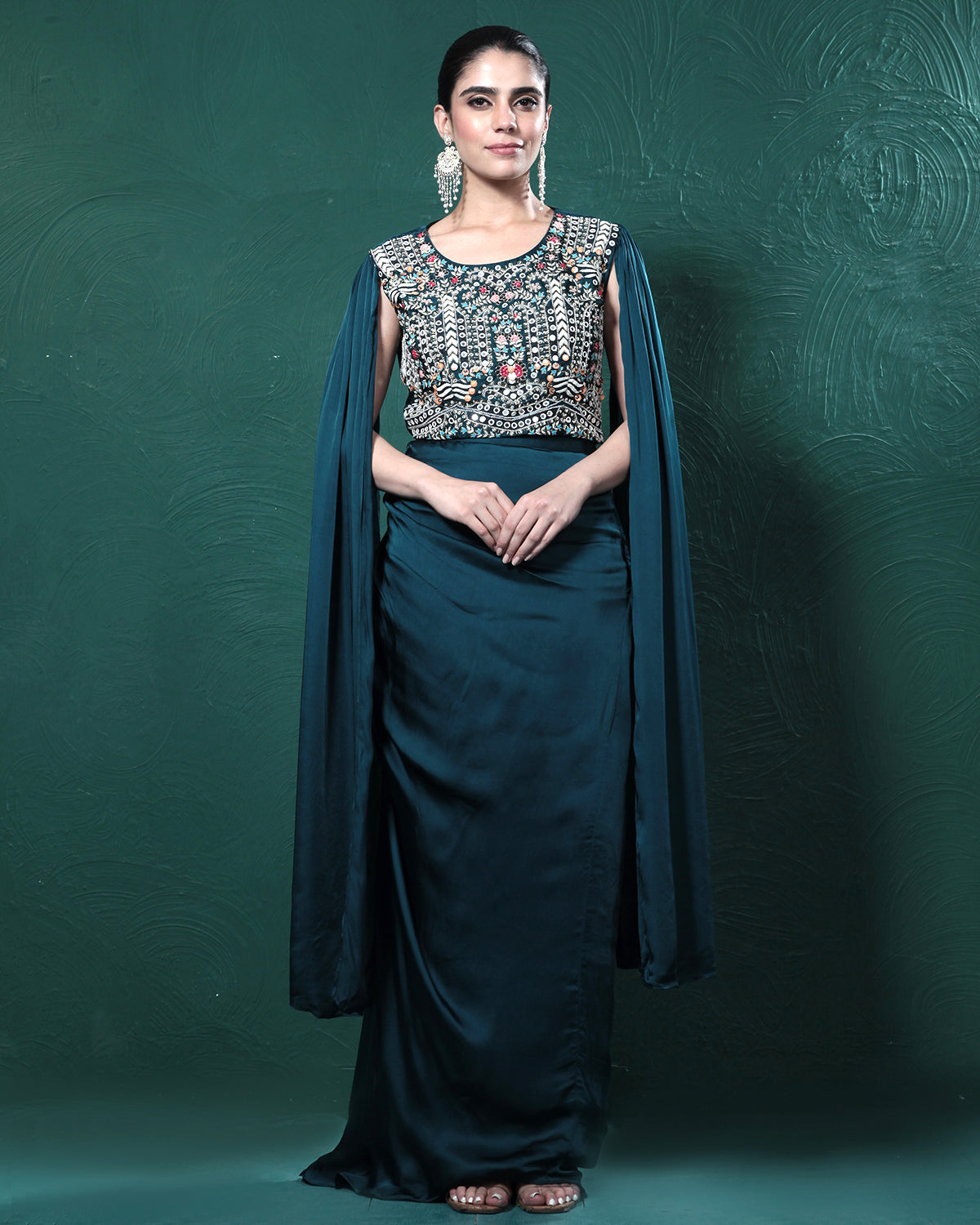 Teal Embellished Satin Silk Cape Skirt Set