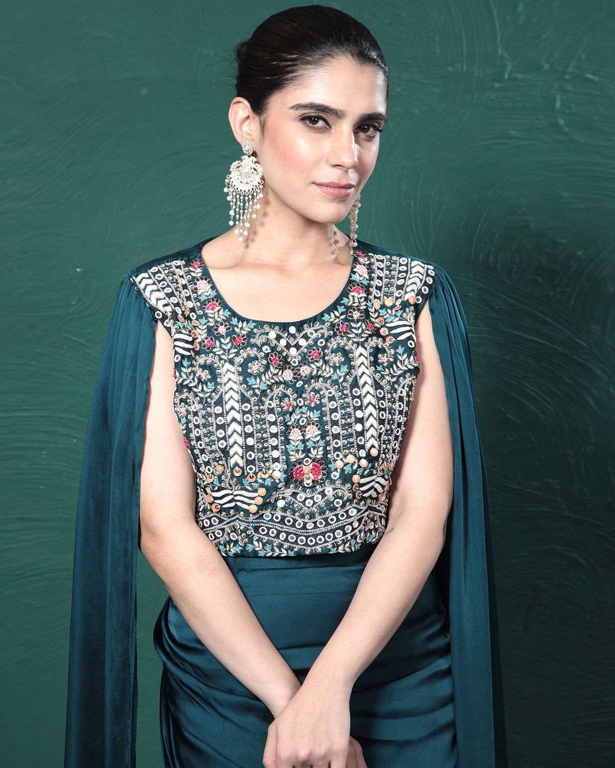 Teal Embellished Satin Silk Cape Skirt Set