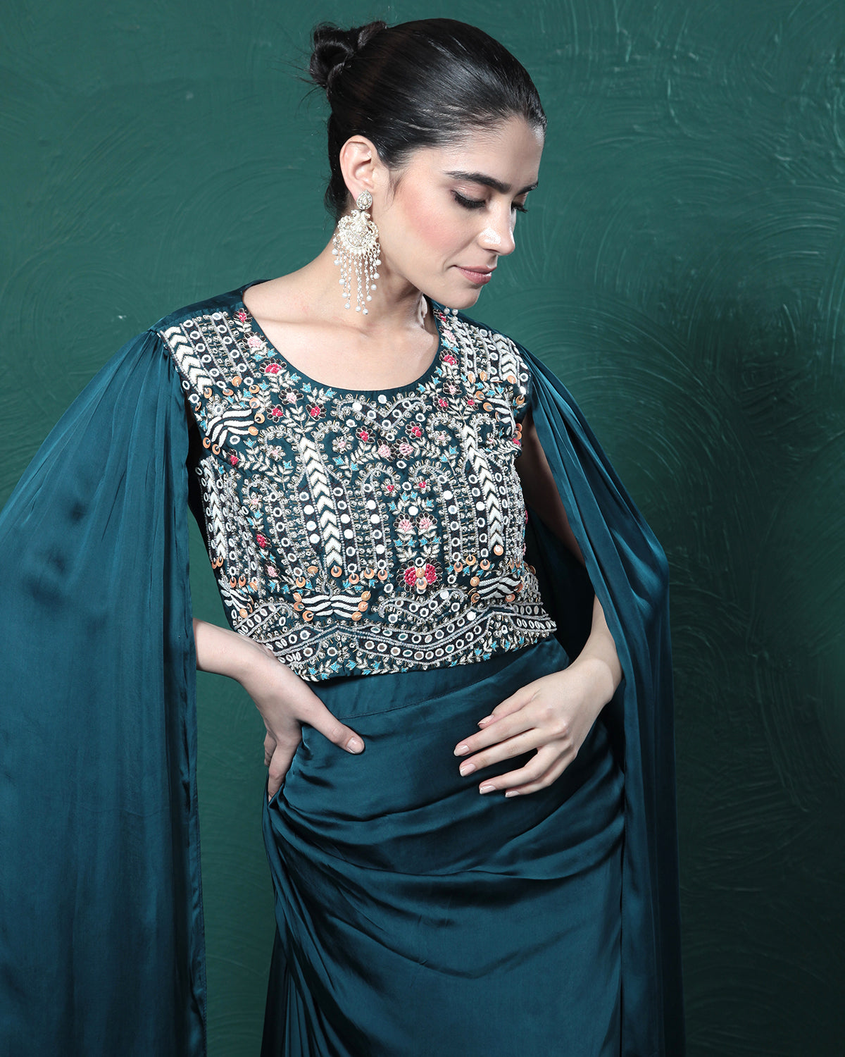 Teal Embellished Satin Silk Cape Skirt Set