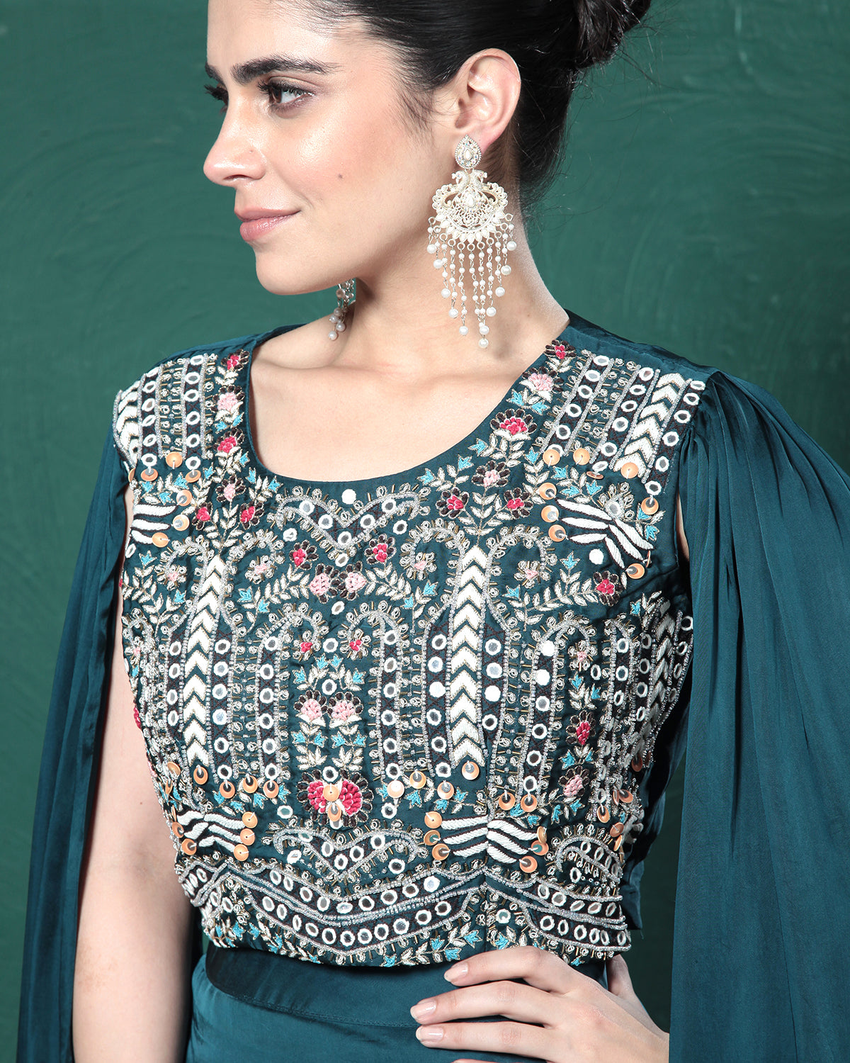 Teal Embellished Satin Silk Cape Skirt Set