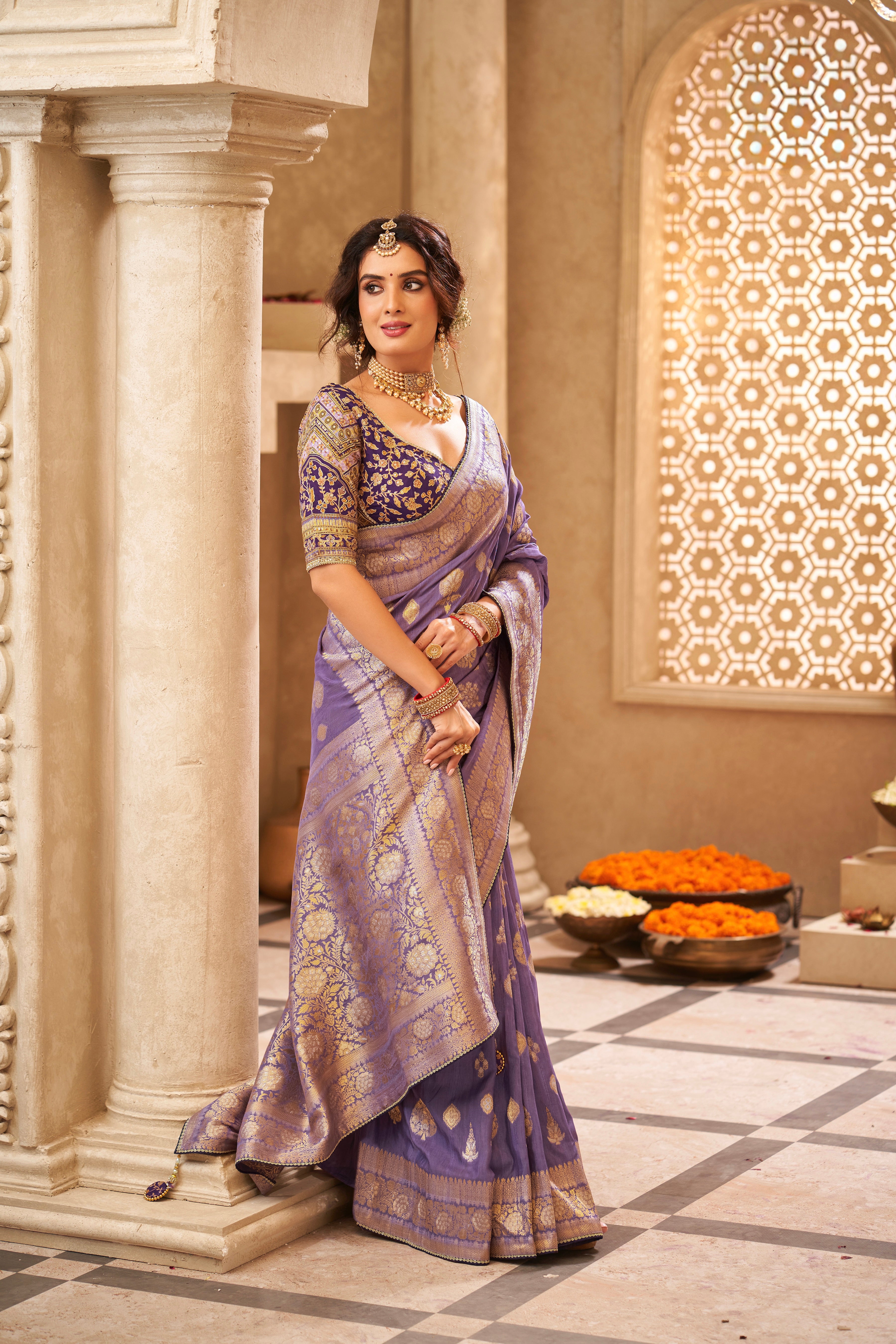 Traditional Purple Color Tissue Silk Saree