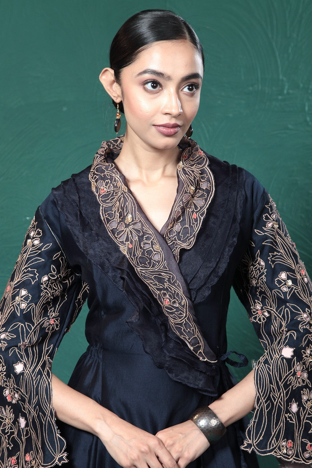 Midnight Blue Embroidered Wrap Dress