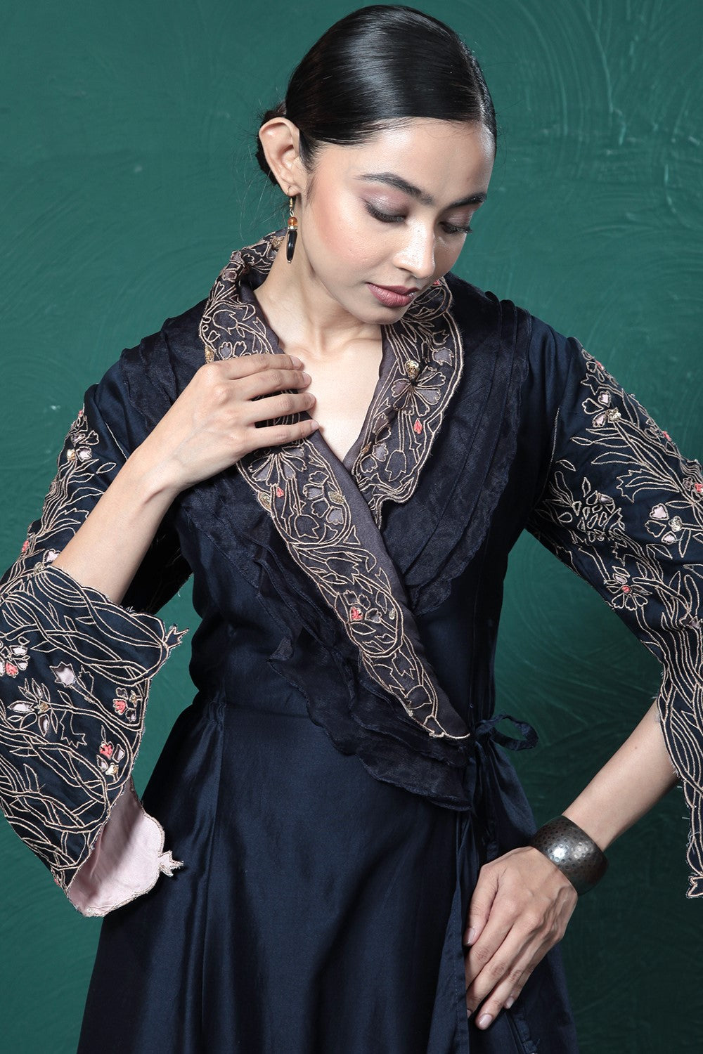 Midnight Blue Embroidered Wrap Dress
